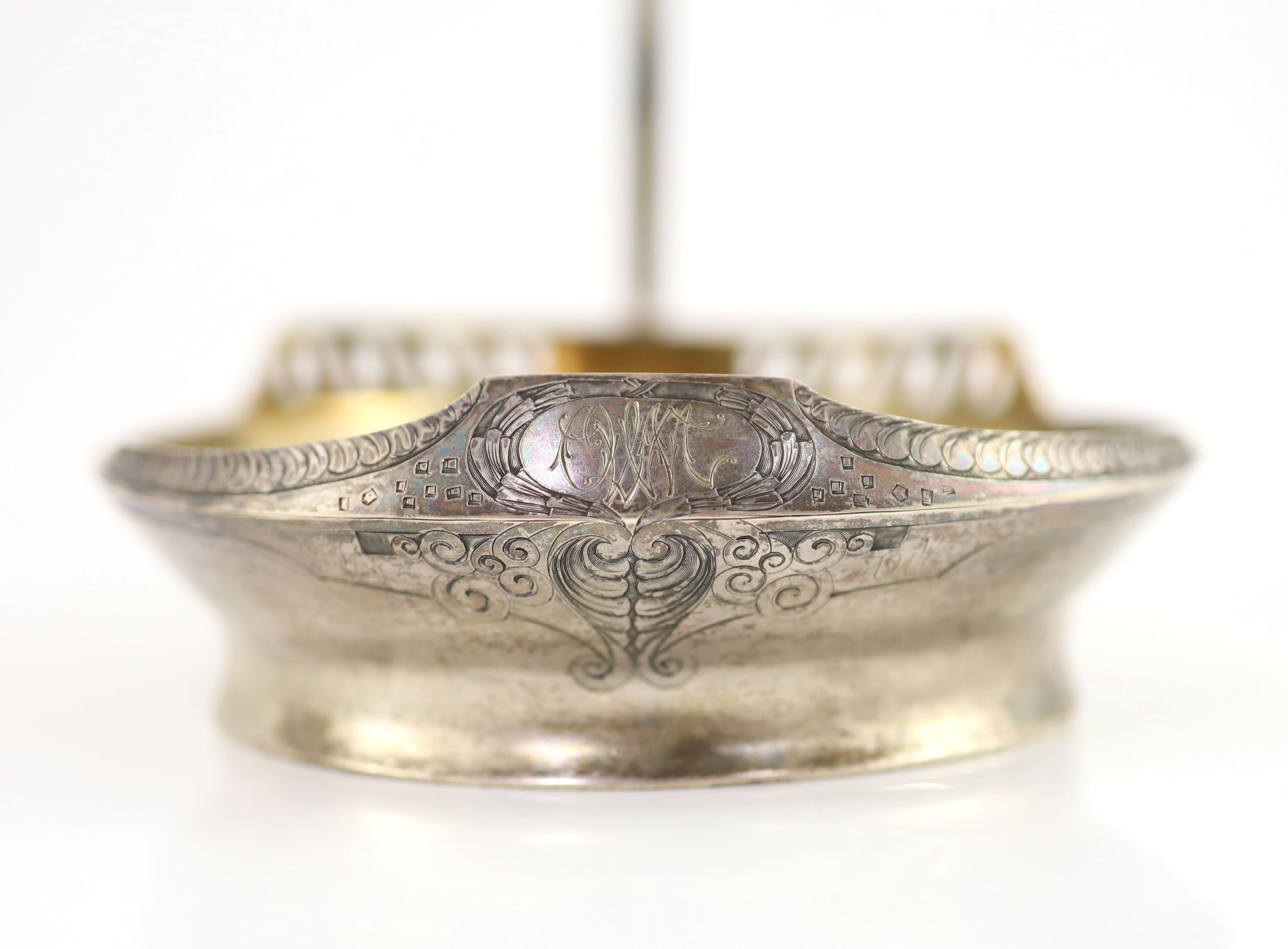 An early 20th century Russian engraved 84 zolotnik silver oval single handled dish